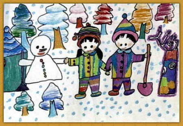 Childrens drawings about winter - The snowman and I are good friends