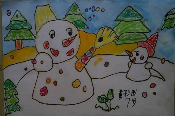 Childrens drawings of winter - snowman and son