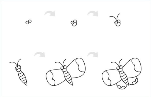 Step-by-step tutorial on how to draw a flying butterfly with simple strokes