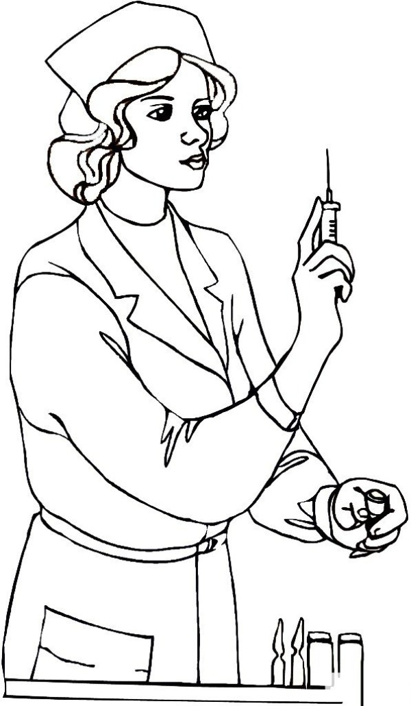 A simple drawing of a head nurse giving an injection to a patient