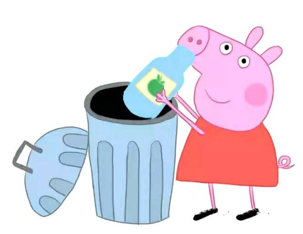 Peppa Pig throws the bottle into the trash can