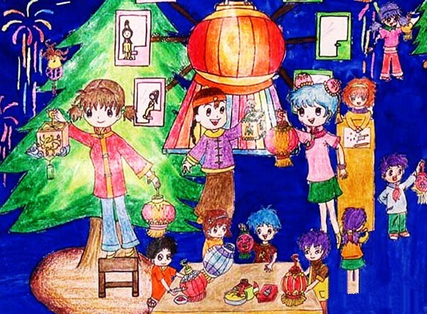 Childrens paintings during the Lantern Festival on the 15th day of the first lunar month in 2017