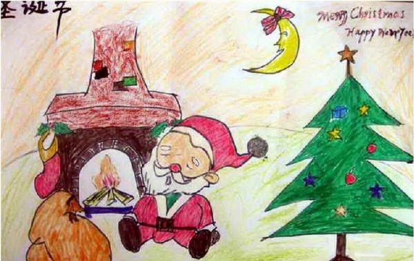 Christmas childrens drawing Santa Claus resting