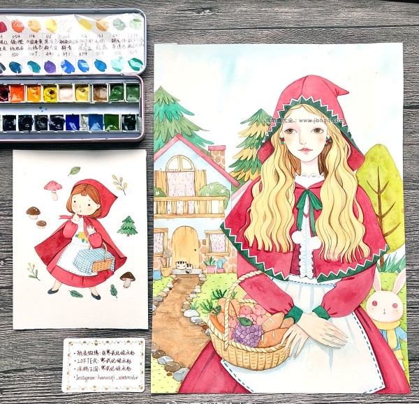 Watercolor painting of Little Red Riding Hood when she grows up