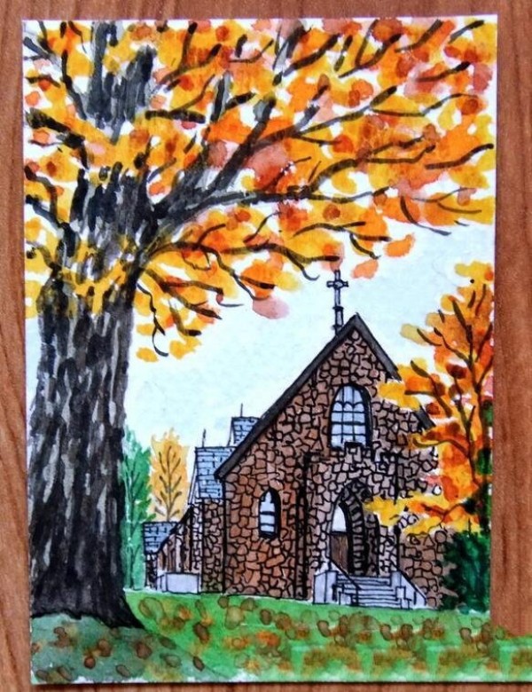 Appreciation of autumn watercolor paintings of Bethlehem Church in autumn