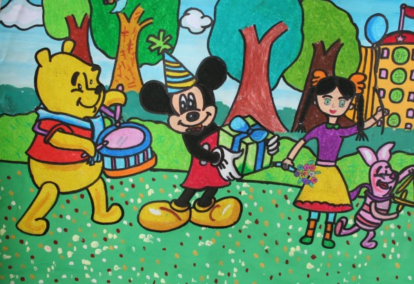 Childrens drawing Mickey Mouse and Winnie the Pooh