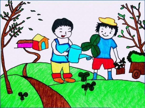 Childrens drawings for Arbor Day-I'll water the flowers