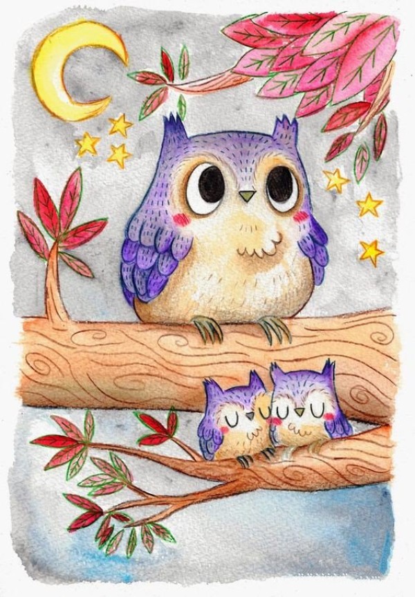 Appreciate the beautiful animal drawing pictures of mother owl and her baby