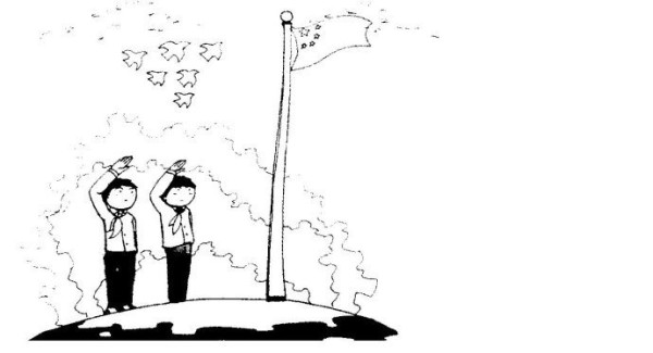 Simple drawing of raising the national flag in front of Tiananmen Square