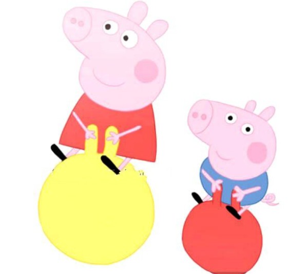 Peppa Pig and George riding on a balloon