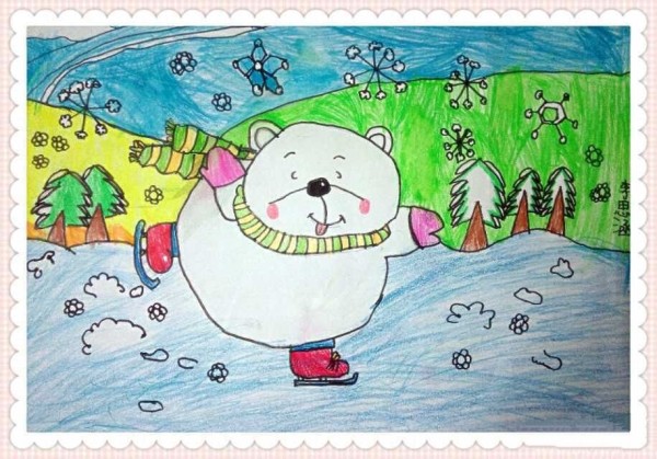 Childrens drawing of snowman skating