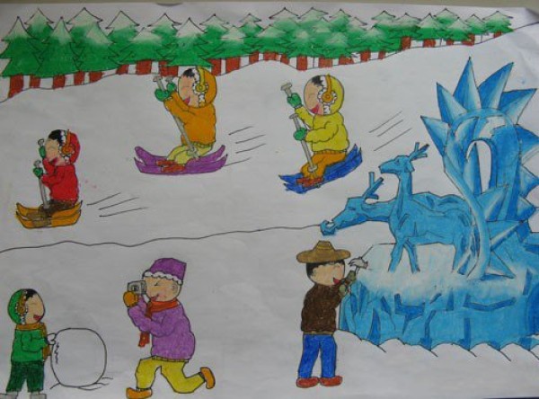 Childrens drawing of making a snowman in winter - winter landscape