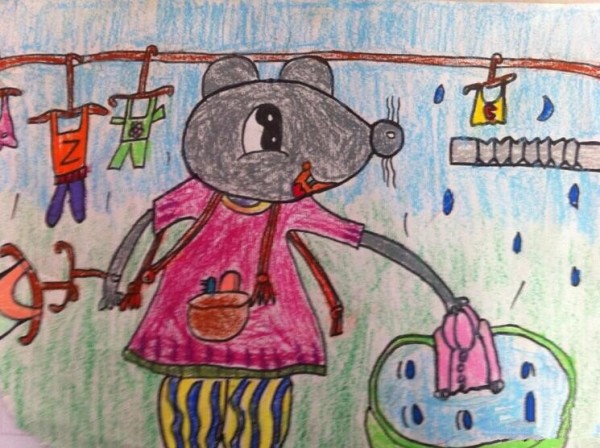 Mother mouse washes clothes and the little animals love to work. Sharing of childrens paintings