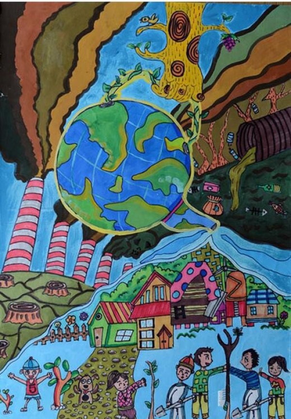 Teachers model of Arbor Day painting: return the earth to green