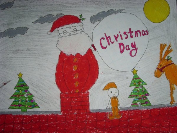 Christmas childrens drawing Santa Claus climbing the chimney