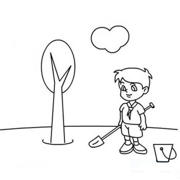 Simple drawing of young pioneers planting trees