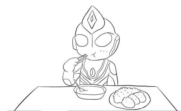 Cute Q version of Ultraman Dyna eating breakfast