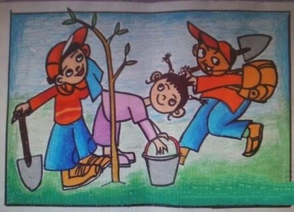 Let’s plant trees together. Picture display about Arbor Day