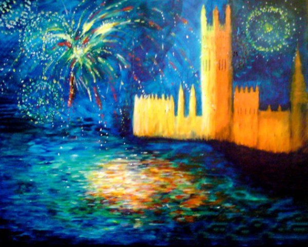 Watch the fireworks painting outside the castle online