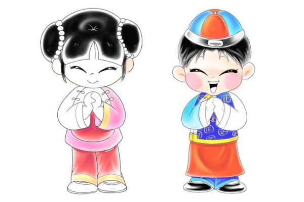 3 simple drawing pictures of children wishing New Year greetings