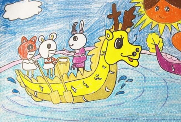 Appreciation of creative childrens paintings of small animals rowing dragon boats during the Dragon Boat Festival