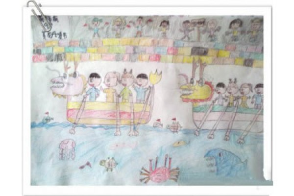 Childrens colored pencil drawing-Dragon Boat Festival