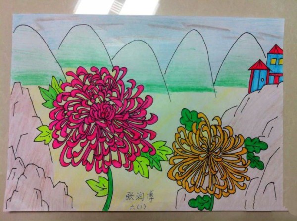 Childrens painting of chrysanthemums during Double Ninth Festival - blooming chrysanthemums