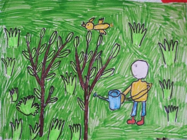 Primary school Arbor Day painting pictures-I water the small tree