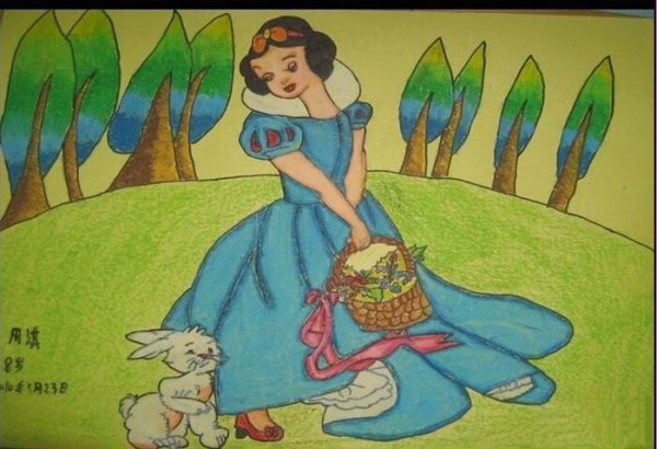 Childrens drawing Snow White and the bunny