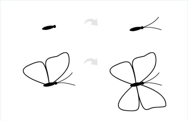 Tutorial on how to draw simple strokes of blue flower and butterfly step by step