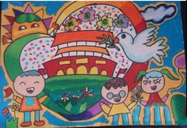 National Day themed childrens painting - doves of peace flying over