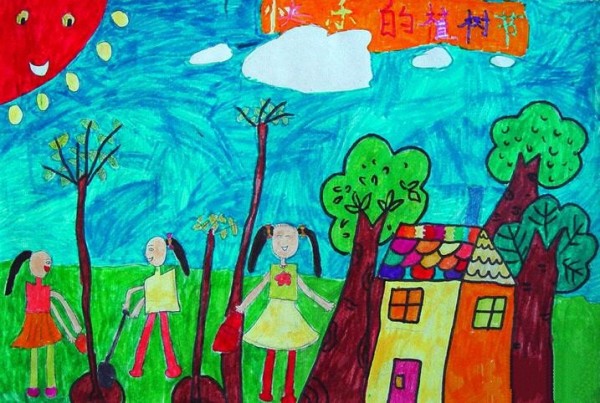 Happy Arbor Day kindergarten Arbor Day theme painting picture appreciation