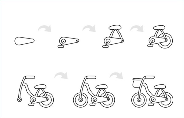 Step-by-step pictures and coloring of simple drawings of childrens bicycles