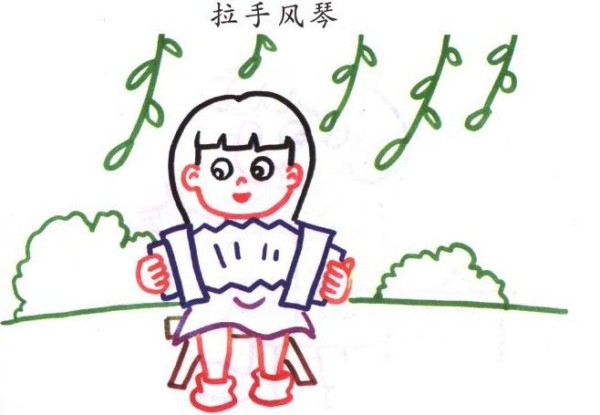 Children learn to draw characters. Little girl playing accordion