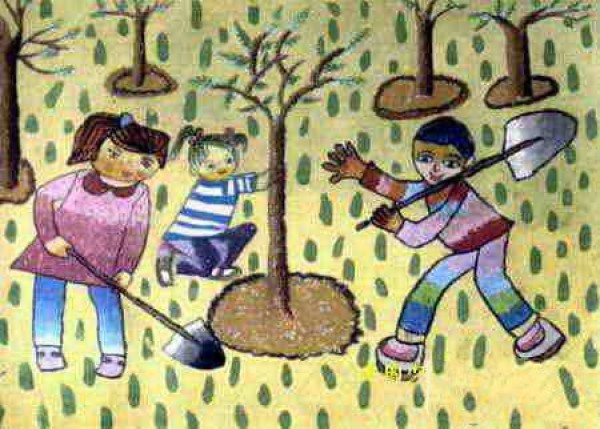 Appreciation of childrens paintings on Arbor Day-see how we plant trees