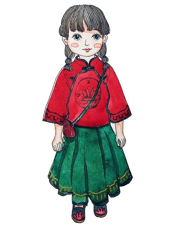 Simple drawing pictures of nine little girls in Chinese style