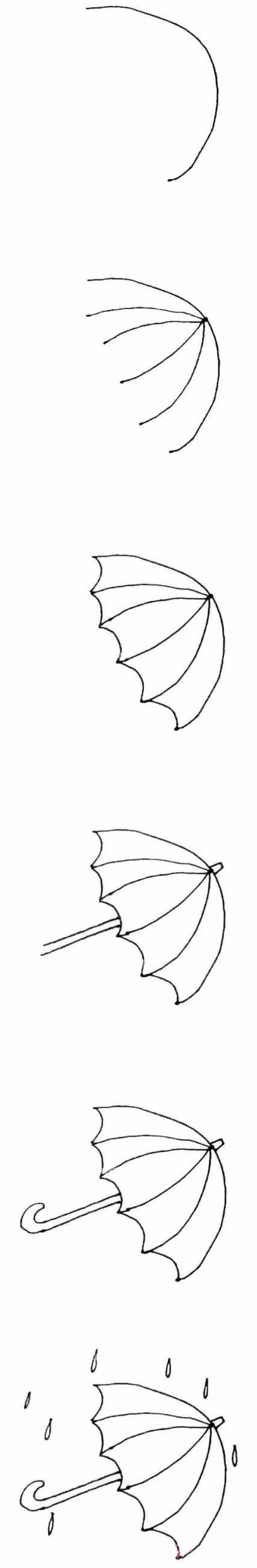 Step by step drawing of simple strokes of colorful umbrellas