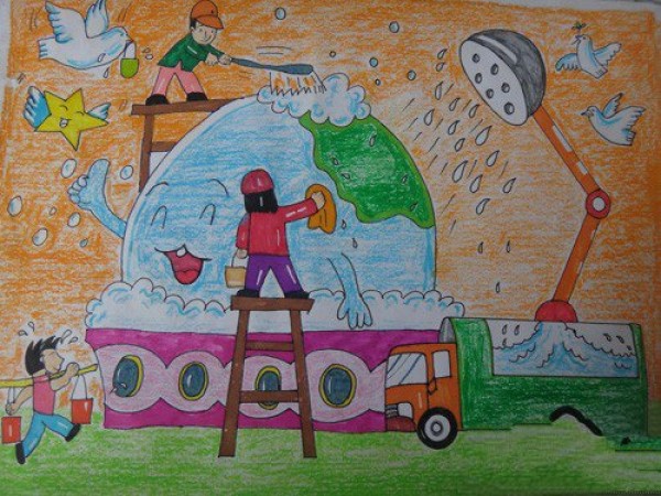 Childrens drawing of spring scenery-Happy Earth Mother