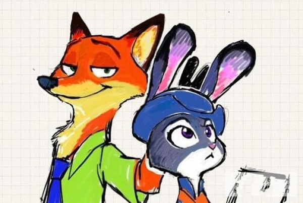 Sharing of cartoon watercolor strokes of Nick the Fox and Judy the Rabbit