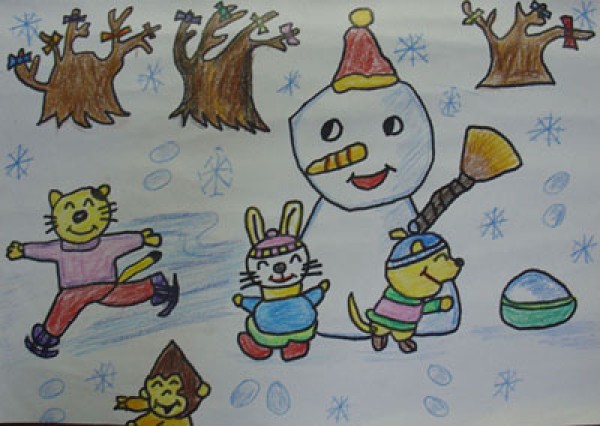 Childrens drawings of beautiful winter scenery - small animals making snowmen