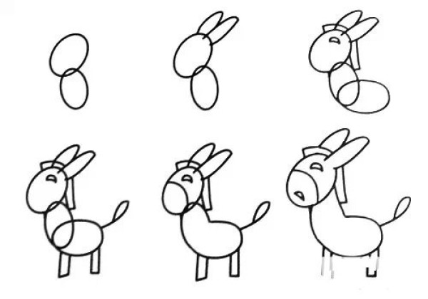 A few simple steps to draw a little donkey in simple strokes