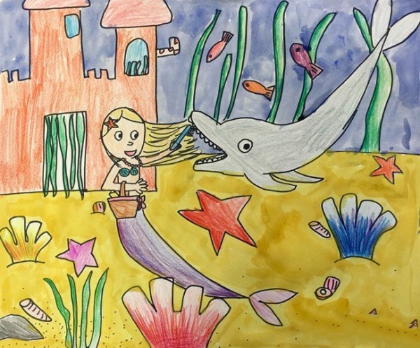 Mermaid and dolphin underwater world scene painting picture sharing