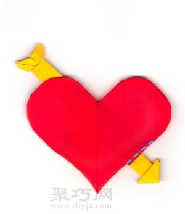 Illustration of heart-shaped origami tutorial with arrow through heart