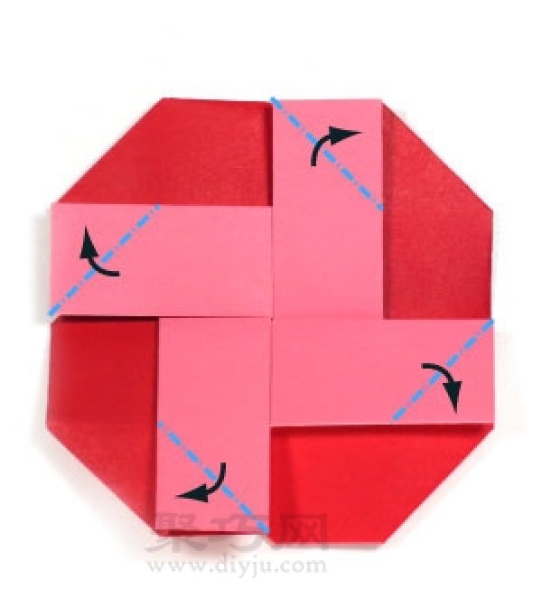 Illustrated origami tutorial for pinwheel-shaped envelope