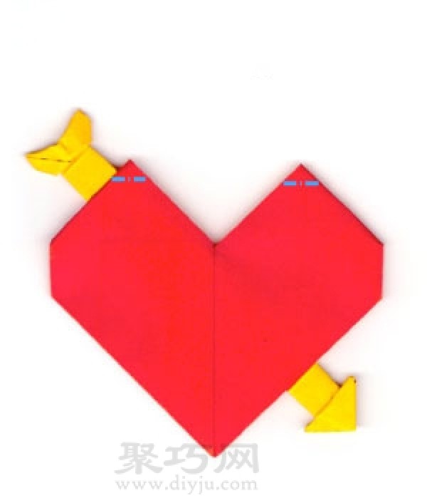 Illustration of heart-shaped origami tutorial with arrow through heart