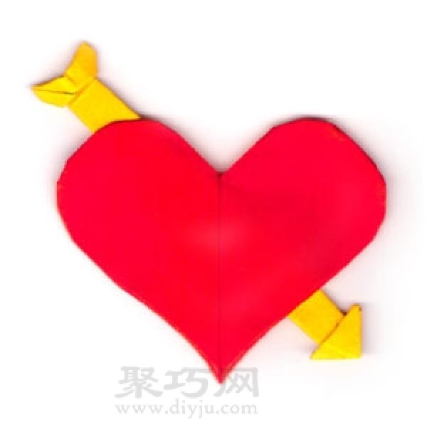 Illustration of heart-shaped origami tutorial with arrow through heart