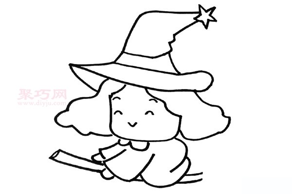 The drawing method of the little witch riding a broom is simple and beautiful