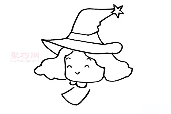 The drawing method of the little witch riding a broom is simple and beautiful