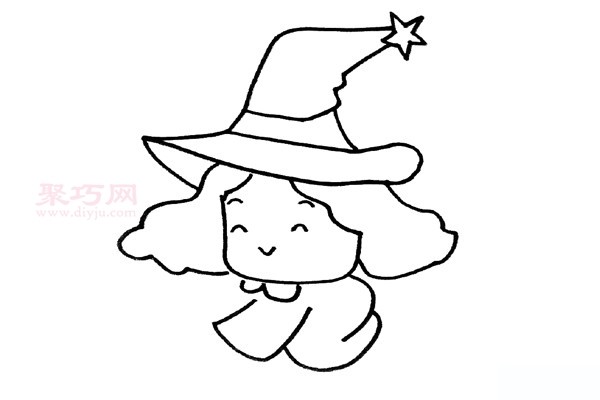 The drawing method of the little witch riding a broom is simple and beautiful