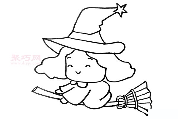 The drawing method of the little witch riding a broom is simple and beautiful